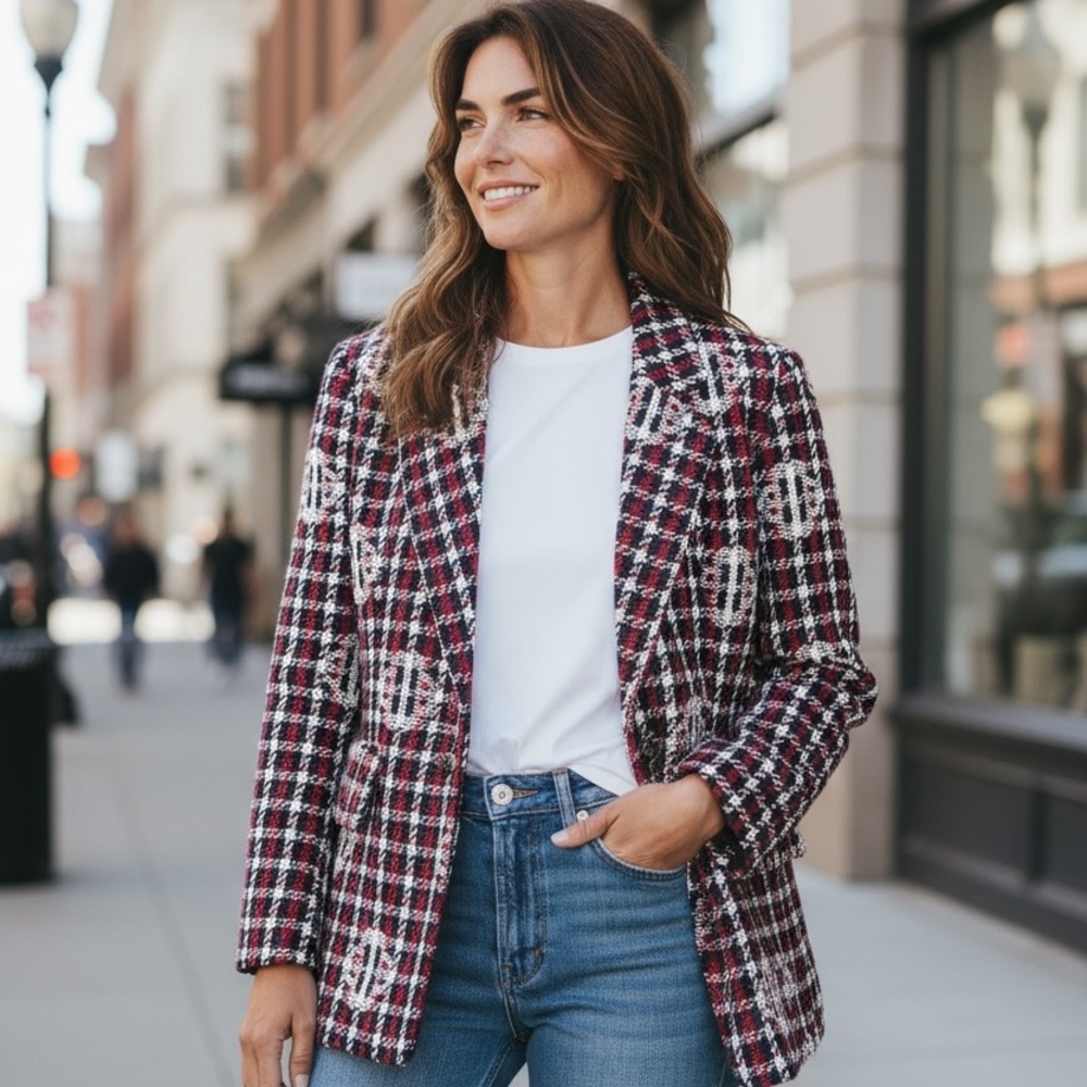Maje Burgundy and White Checkered Blazer